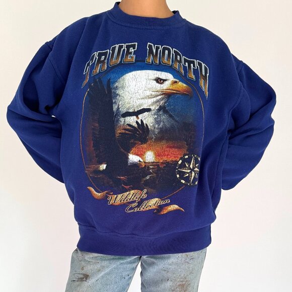 90s vintage blue bald eagle True North wildlife graphic pullover sweatshirt - Picture 3 of 6